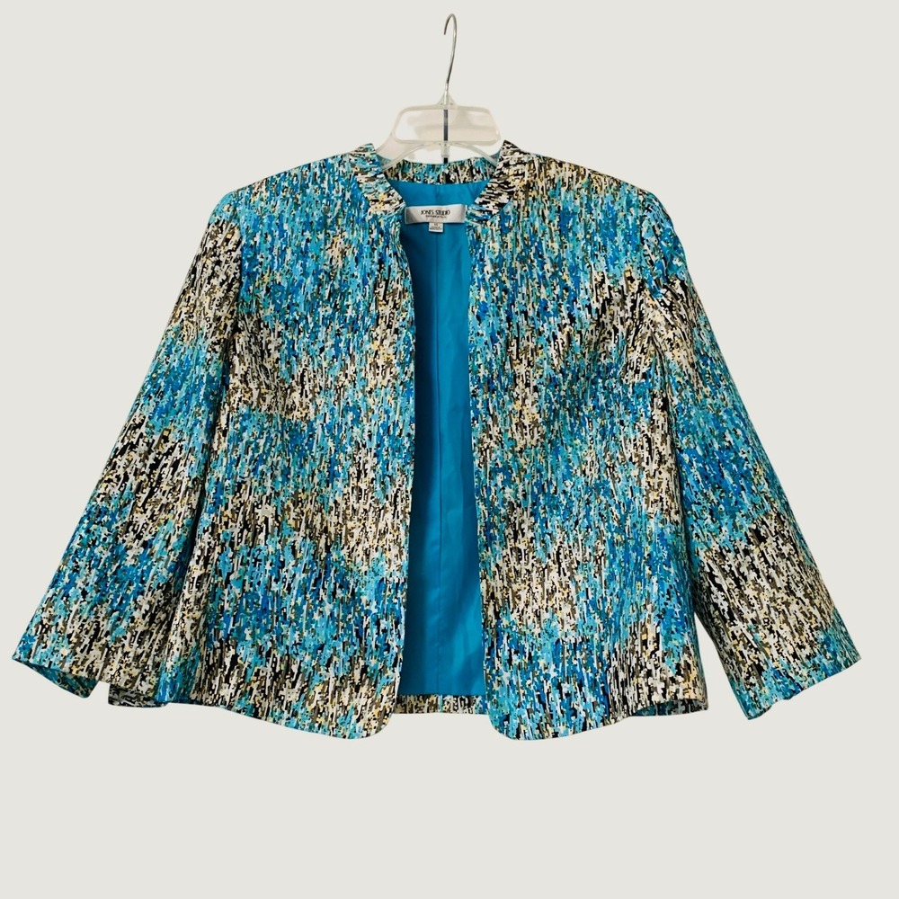 Jones Studio Blazer Women's 14 Blue White Abstract 3/4 Sleeve Open Front Jacket